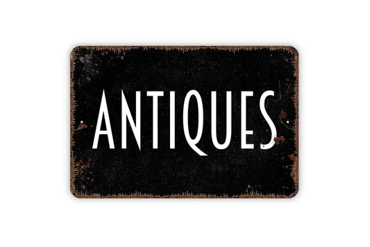 Antiques Sign | Rustic Vintage Shop Wall Decor | Farmhouse Entryway or Store Sign | Custom Metal Sign or Vinyl Sticker | Country Home Art