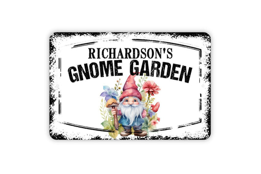Personalized Gnome Garden Sign - Custom Your Name Backyard Porch Patio Metal Wall Art Indoor Or Outdoor
