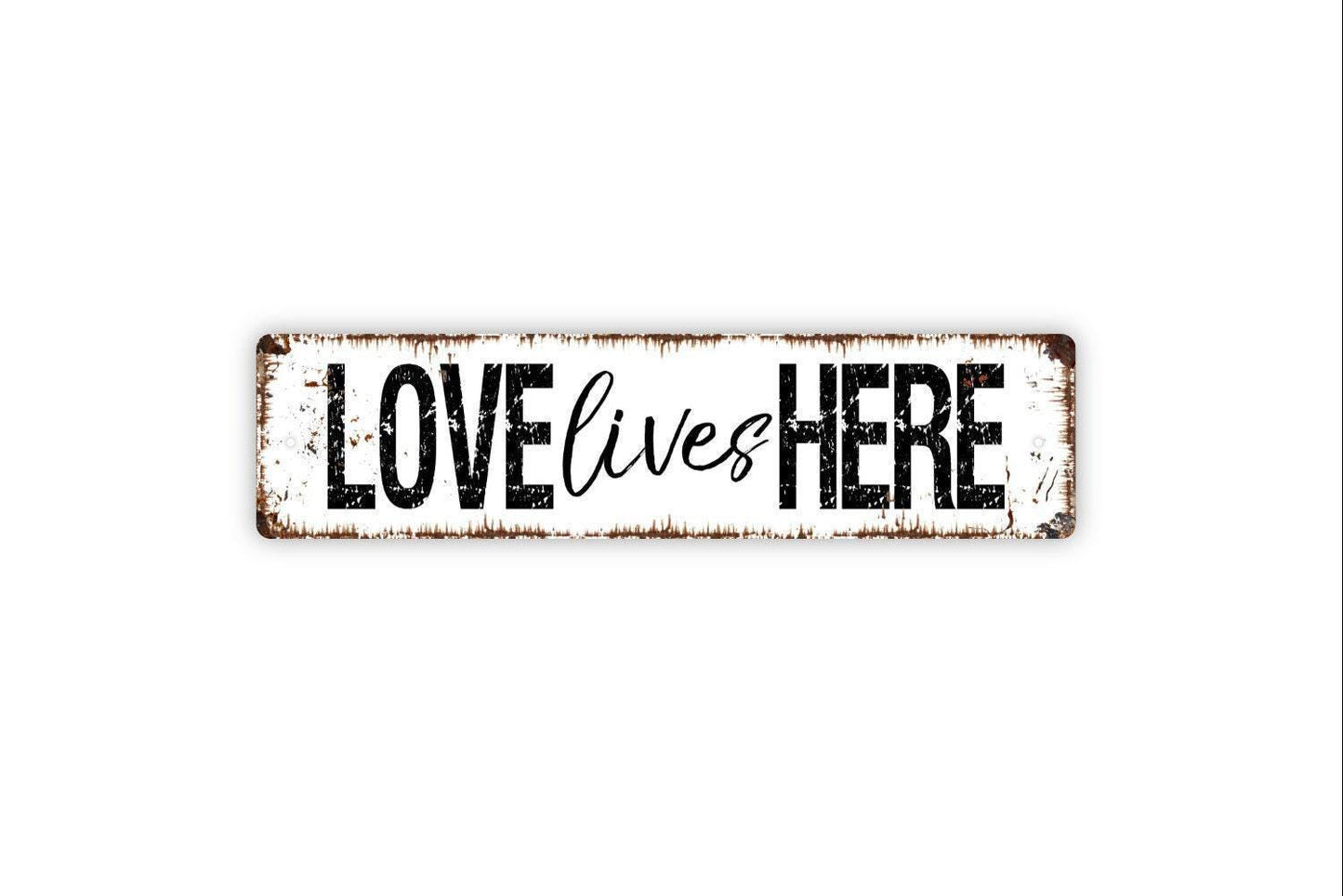 Love Lives Here Sign Metal or Vinyl Sticker | Rustic Farmhouse Home Decor | Family Quote Sign | Romantic Gift | Country House Decoration