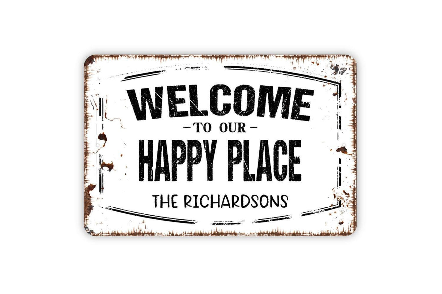 Personalized Welcome To Our Happy Place Sign - Custom Metal Wall Art Indoor Or Outdoor