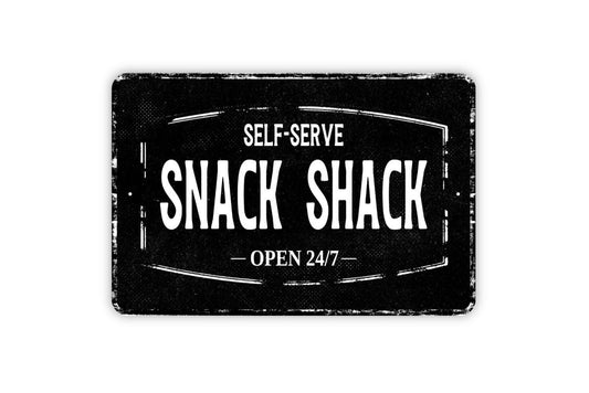 Self-Serve Snack Shack Sign | Rustic Concession Metal Sign or Vinyl Sticker | Cabin, Camp, Poolside, Backyard Bar, Kitchen, Party Food Decor