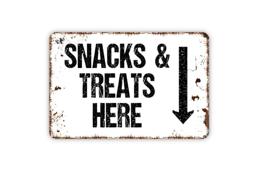 Snacks And Treats Here With Arrow Sign, Metal Sign, Restaurant Cashier Bar Food Indoor Or Outdoor Use