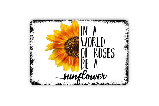 In A World Full Of Roses Be A Sunflower Sign - Inspirational Metal Indoor or Outdoor Wall Art