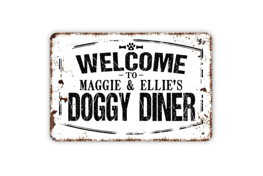 Personalized Welcome To Doggy Diner - Custom Pet Name Dog Food Water Bowl Metal Wall Art Indoor Or Outdoor