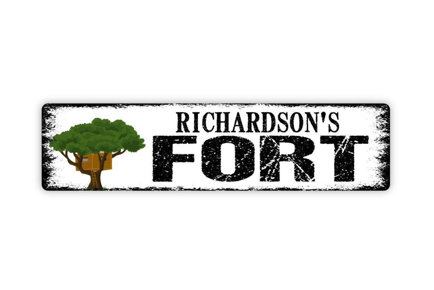 Personalized Fort With Tree Sign – Custom Kids Playhouse Sign – Outdoor Tree Fort Yard Decor – Children’s Playroom Metal Sign or Sticker