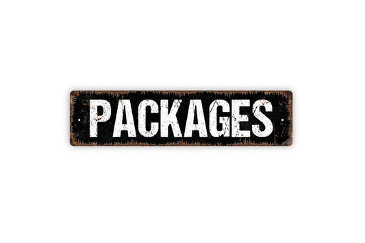 Packages Sign | Delivery Drop Off Porch, Gate, or Lobby Wall Sign | Home or Office Organization Metal Packages Sign or Vinyl Sticker