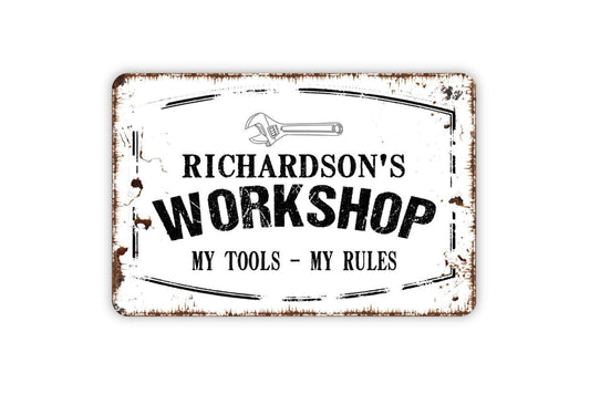 Personalized Workshop Sign | Custom Rustic Garage or Shed Wall Sign for Woodworking, Man Cave, or Shop | Metal Sign or Vinyl Sticker Décor