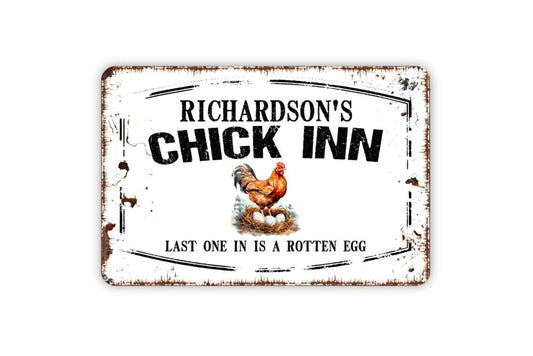 Personalized Chick Inn Sign - Custom Your Name Hen House Chicken Coop Last One In Is A Rotten Egg Metal Wall Art Indoor Or Outdoor