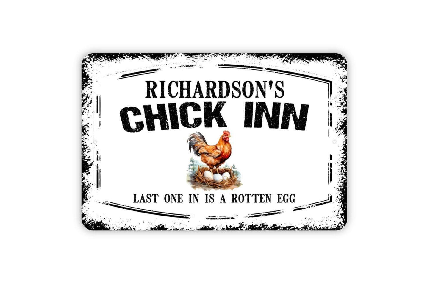 Personalized Chick Inn Sign - Custom Your Name Hen House Chicken Coop Last One In Is A Rotten Egg Metal Wall Art Indoor Or Outdoor