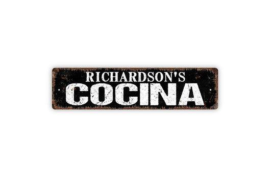 Personalized Cocina Sign | Custom Spanish Kitchen Sign with Family Name | Rustic Farmhouse Wall Décor Metal Sign or Vinyl Sticker for Home