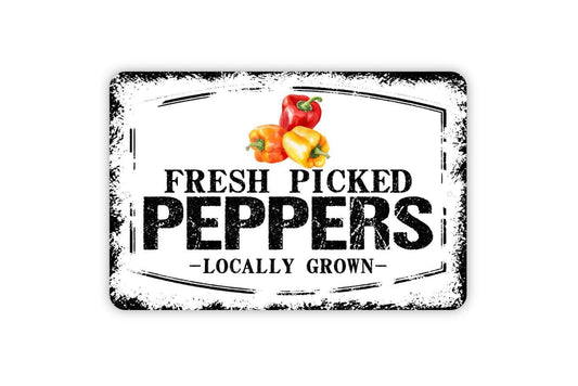 Fresh Picked Peppers Locally Grown Sign - Farm Fresh Vegetables Farmers Market Metal Sign Wall Art Indoor Or Outdoor