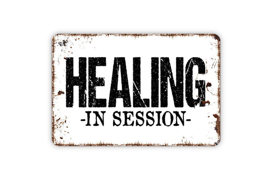 Healing in Session Metal Sign or Vinyl Sticker | Therapist Office Door Sign | Counseling Wall Art | Reiki Massage Spa Decor | Meditation