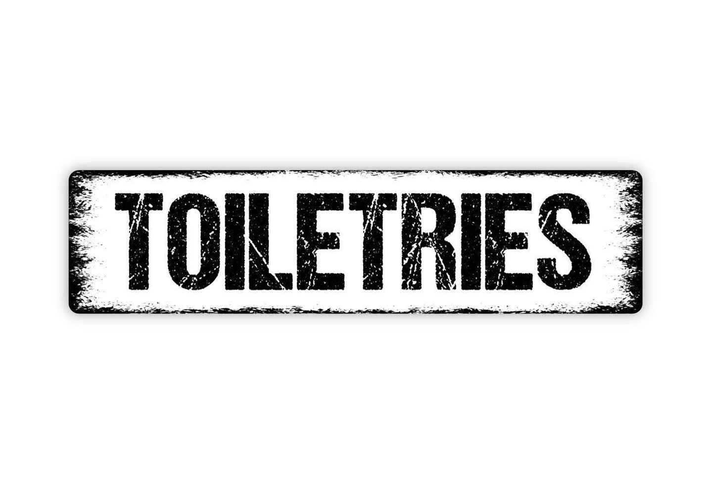 Toiletries Sign | Bathroom Organization Wall Decor | Metal Sign or Vinyl Sticker for Guest Bath, Powder Room, or Home