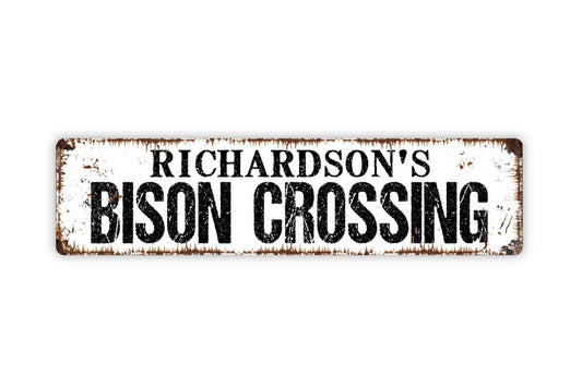 Personalized Bison Crossing Sign – Custom Wildlife Wall Decor – Rustic Lodge Cabin Ranch Plaque – Buffalo Metal Sign or Sticker