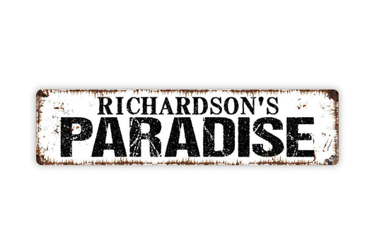 Personalized Paradise Sign | Custom Tropical Beach House, Patio, or Poolside Wall Sign | Rustic Metal Sign or Vinyl Sticker Outdoor Décor