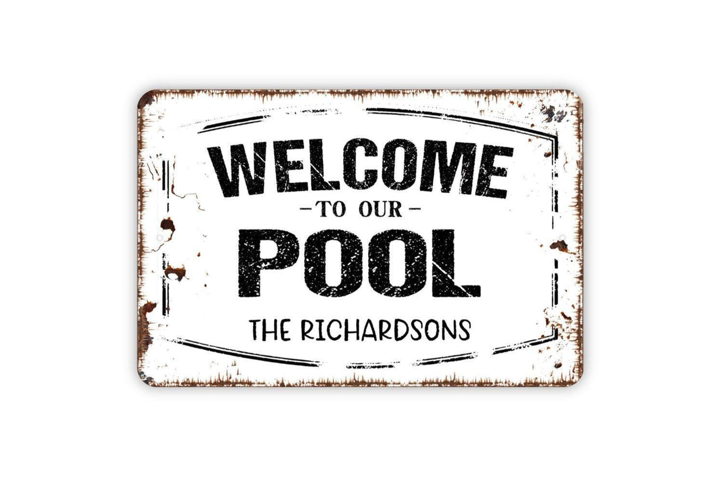 Personalized Welcome To Our Pool Sign – Custom Family Name Plaque – Backyard Patio Deck Poolside Wall Decor – Metal Sign or Sticker
