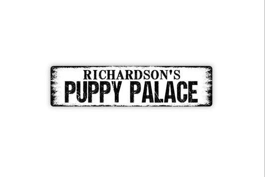 Personalized Puppy Palace Sign – Custom Dog Name Sign for Dog House Kennel Yard or Home – Pet Lover Gift Wall Decor – Metal Sign or Sticker
