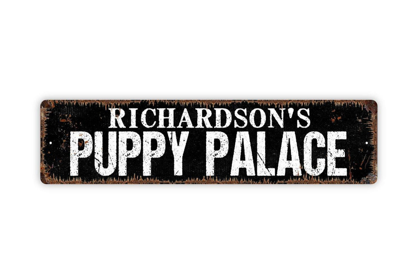 Personalized Puppy Palace Sign – Custom Dog Name Sign for Dog House Kennel Yard or Home – Pet Lover Gift Wall Decor – Metal Sign or Sticker