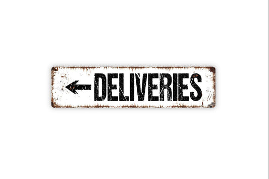 Deliveries Arrow Sign | Delivery Driver Metal Sign or Vinyl Sticker | Left or Right Arrow | Porch, Door, Business, or Property Decor