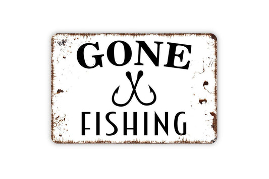 Gone Fishing With Fish Bait Hooks Funny Metal Sign, Farmhouse Wall Decor Modern Wall Metal Sign