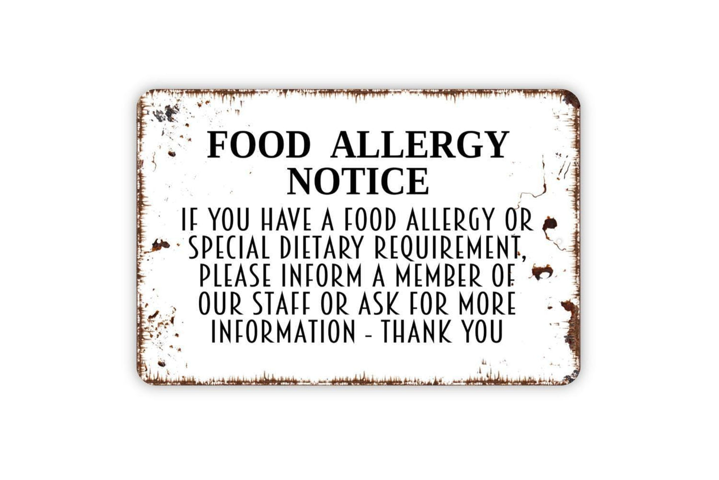 Food Allergy Notice Sign| Restaurant Cafe Kitchen Allergy Alert | Metal Sign or Vinyl Sticker for Food Safety and Compliance