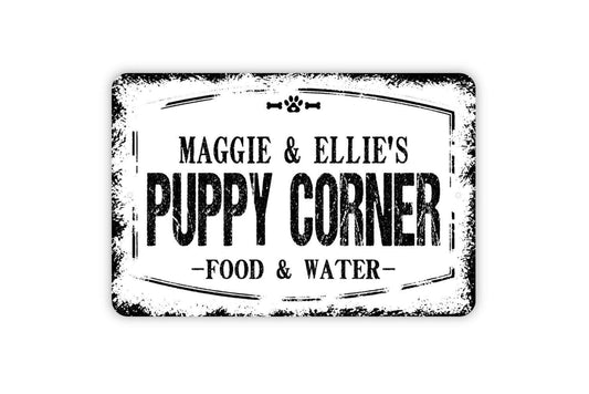 Personalized Puppy Corner Food And Water Sign - Custom Pet Name Dog Food Water Bowl Metal Wall Art Indoor Or Outdoor