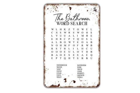 The Bathroom Word Search Sign - Word Game Restroom Metal Wall Art - Indoor or Outdoor