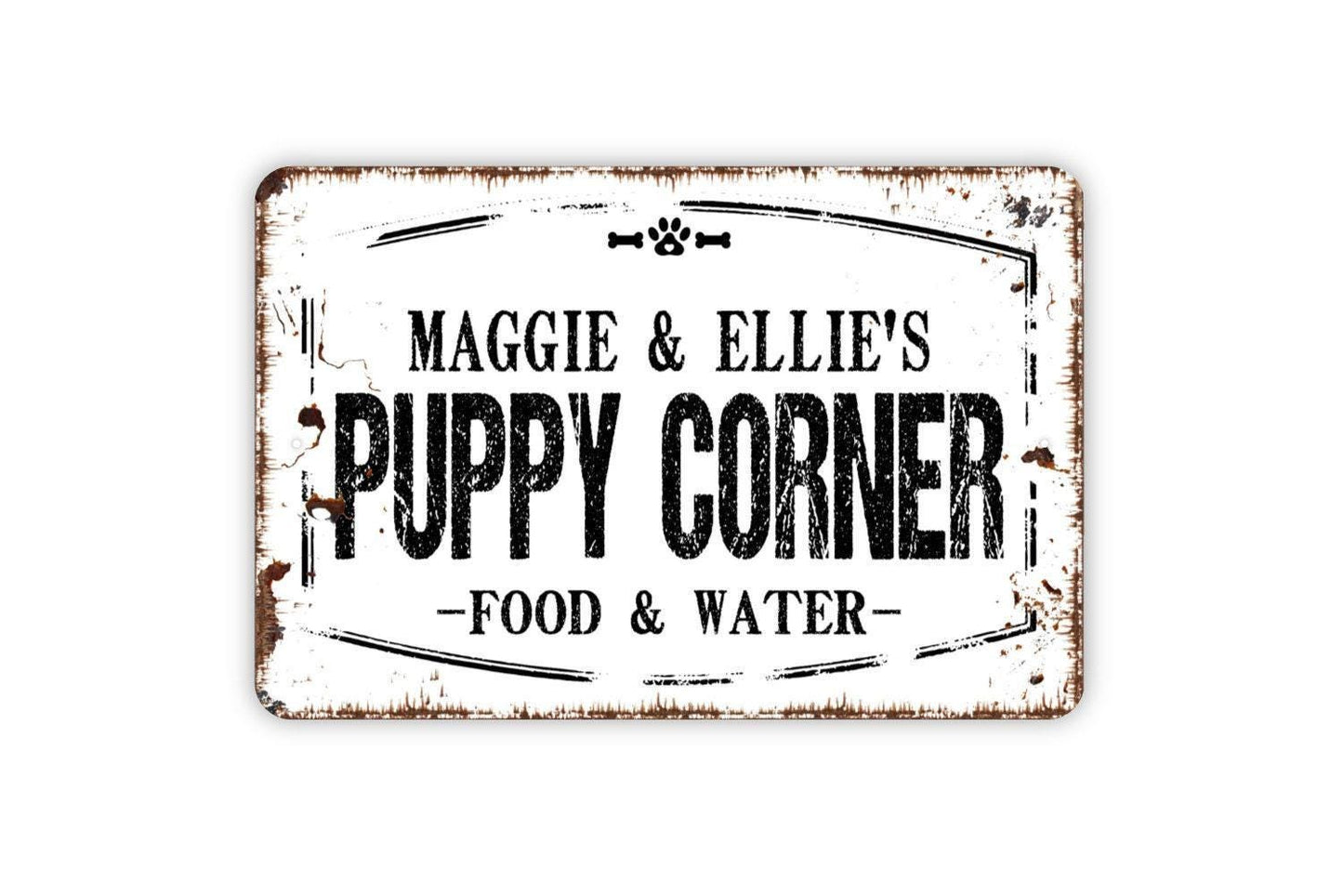 Personalized Puppy Corner Food And Water Sign - Custom Pet Name Dog Food Water Bowl Metal Wall Art Indoor Or Outdoor