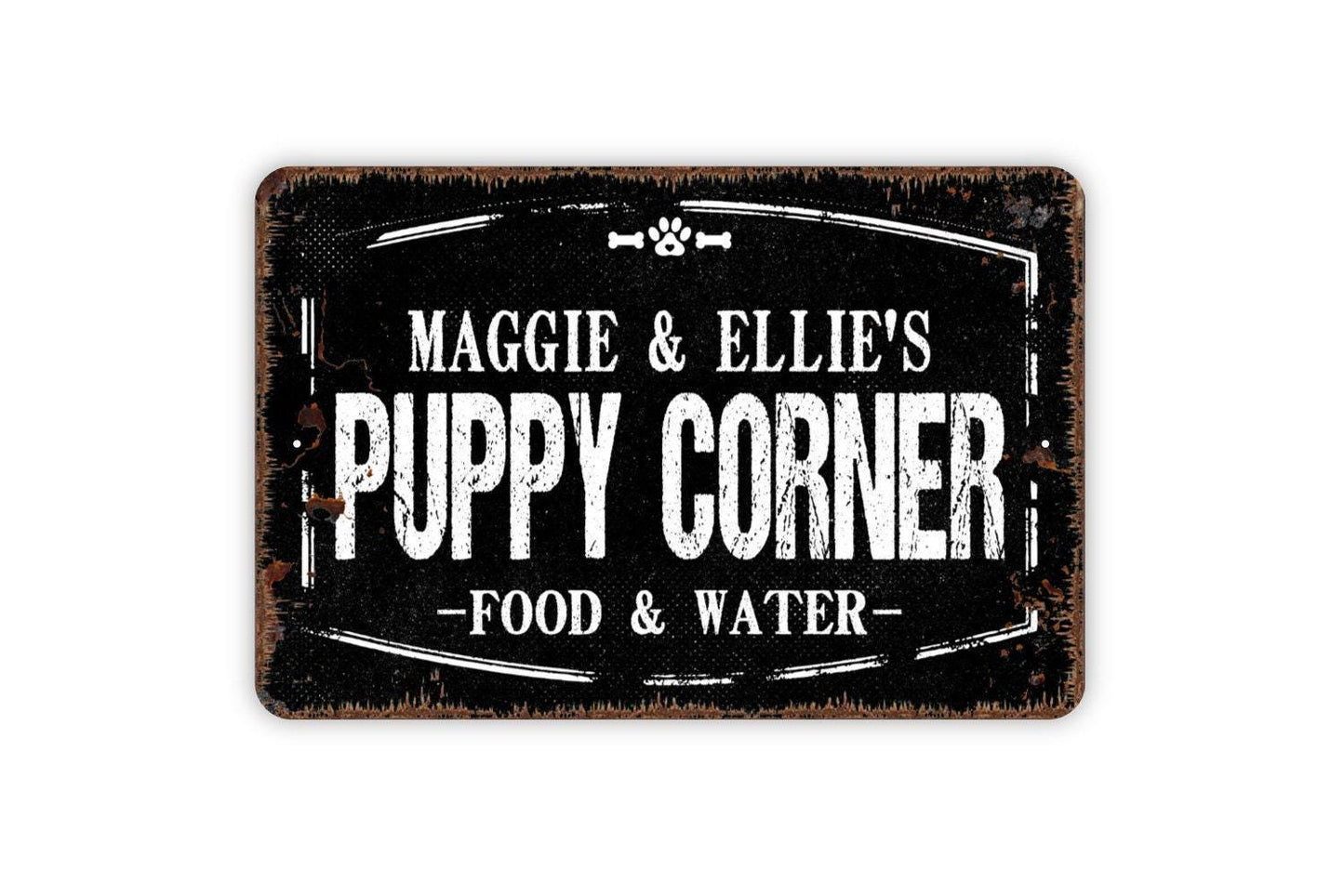 Personalized Puppy Corner Food And Water Sign - Custom Pet Name Dog Food Water Bowl Metal Wall Art Indoor Or Outdoor
