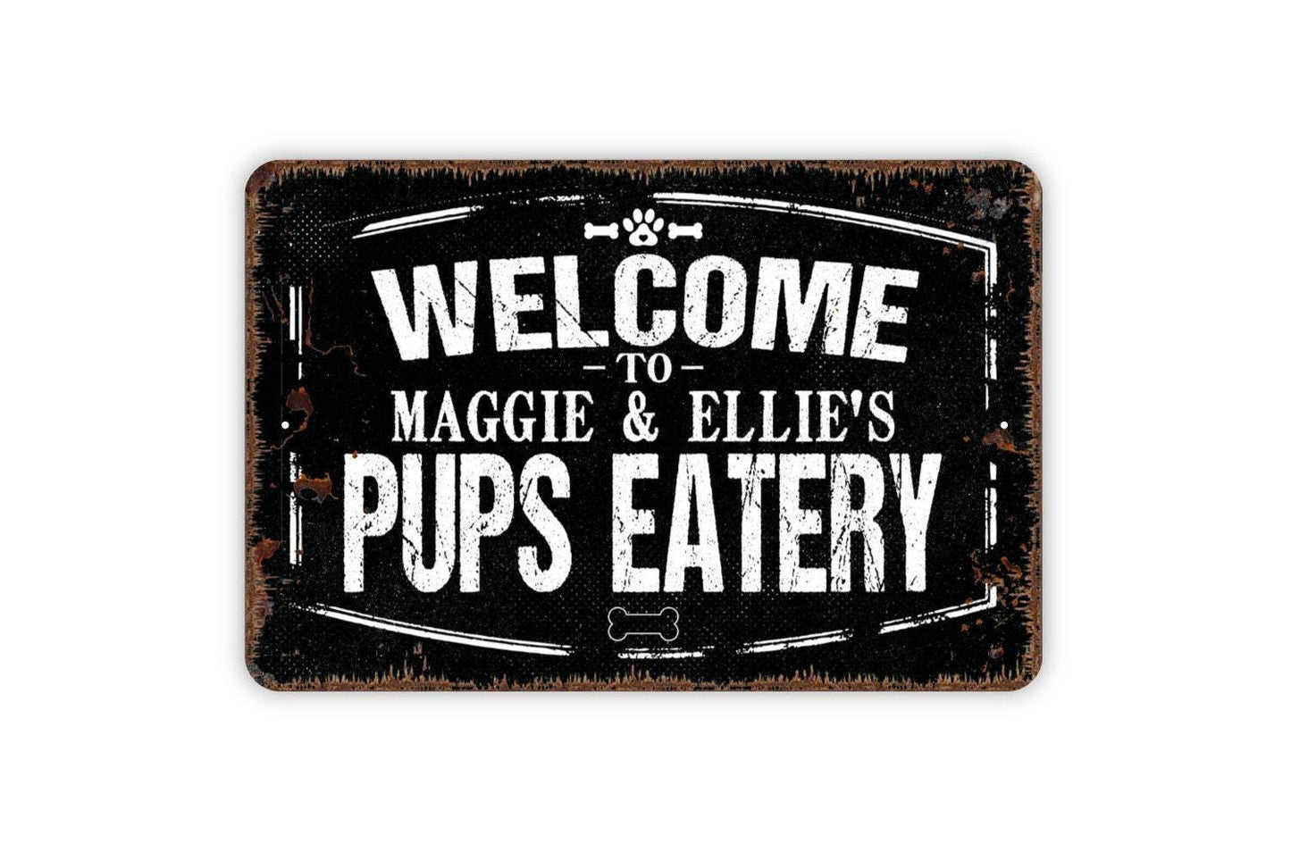 Personalized Welcome To Pup's Eatery - Custom Pet Name Dog Food Water Bowl Metal Wall Art Indoor Or Outdoor