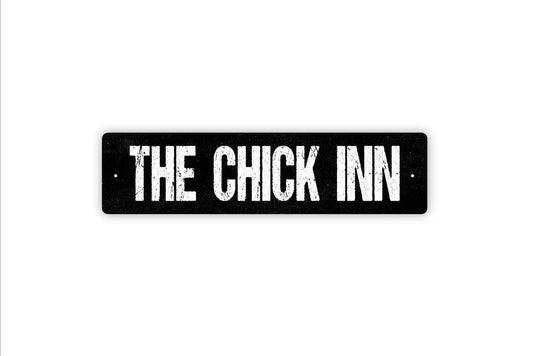 The Chick Inn Sign | Funny Hen House or Chicken Coop Wall Sign | Rustic Farmhouse Style Outdoor Metal Sign or Vinyl Sticker Barnyard Décor