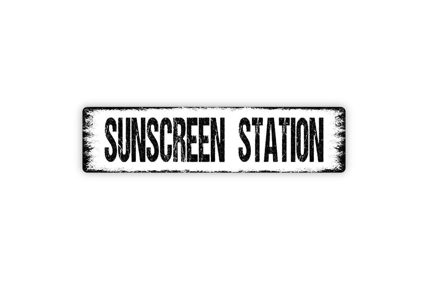 Sunscreen Station Sign - Pool Bathroom Guest Bath Showers Beach Vinyl Sticker Or  Street Metal Sign or Door Name Plate Plaque