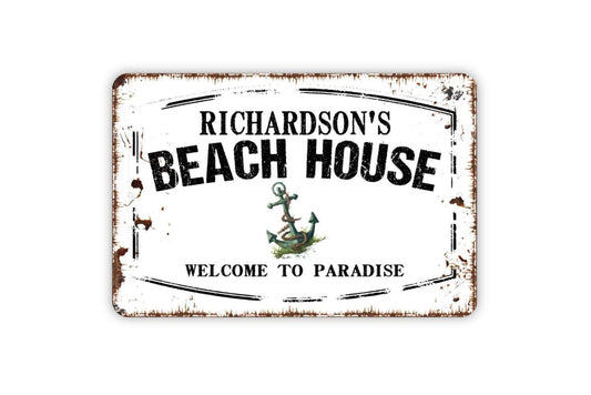 Personalized Beach House Sign | Welcome To Paradise Coastal Wall Sign for Cottage, Porch, Patio | Metal Sign or Vinyl Sticker Nautical Sign
