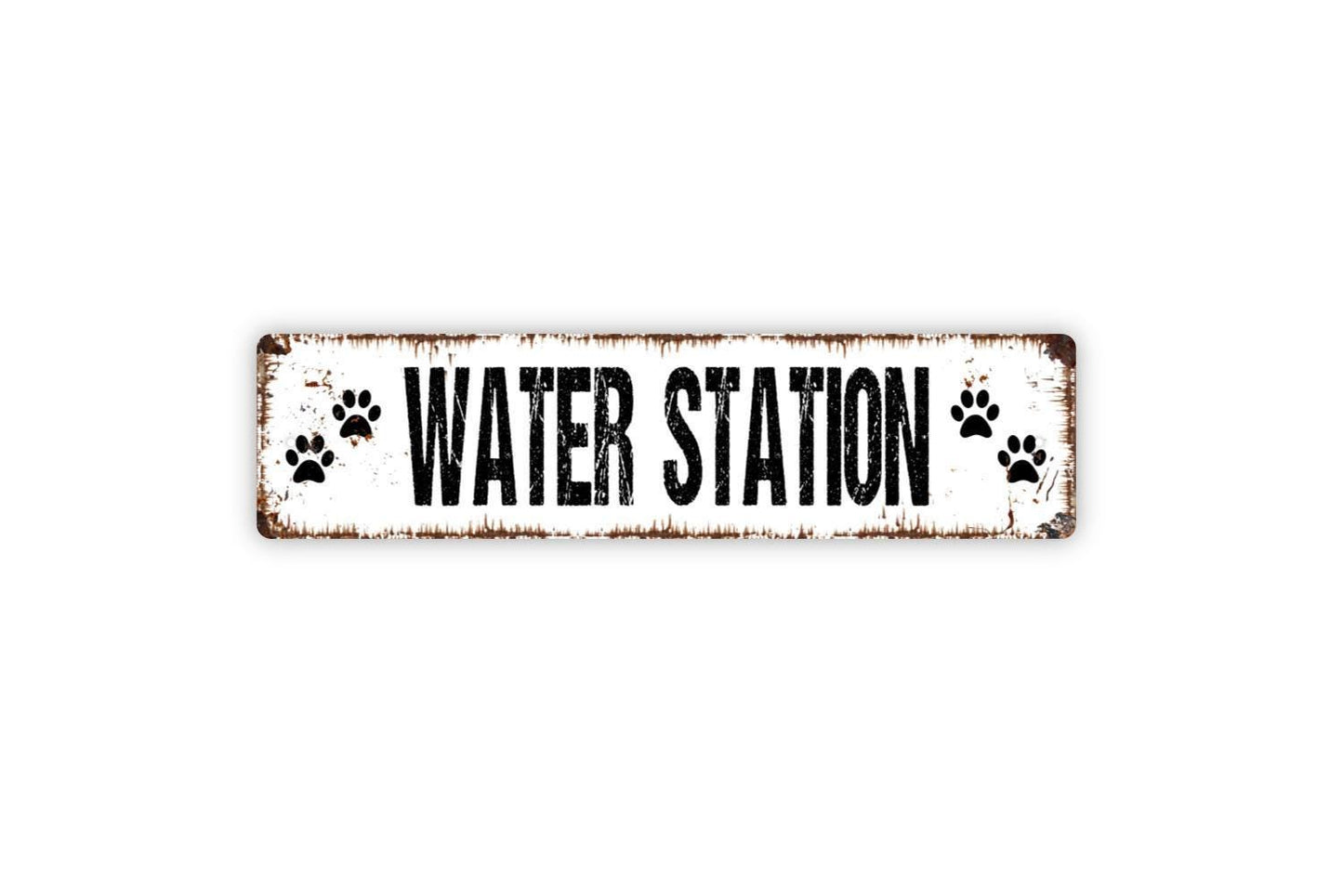 Water Station Sign with Paw Prints | Pet Hydration Station Dog Bowl Area Sign | Metal Outdoor Sign or Vinyl Sticker for Dogs