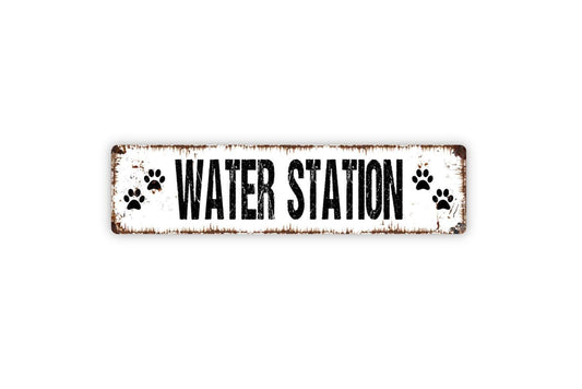 Water Station Sign with Paw Prints | Pet Hydration Station Dog Bowl Area Sign | Metal Outdoor Sign or Vinyl Sticker for Dogs