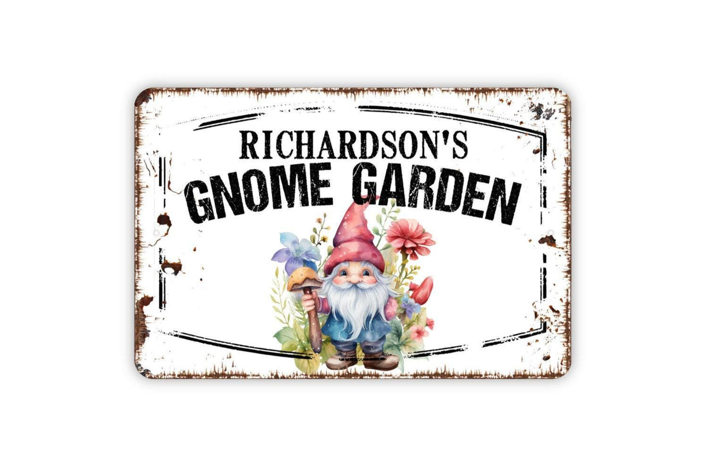 Personalized Gnome Garden Sign - Custom Your Name Backyard Porch Patio Metal Wall Art Indoor Or Outdoor