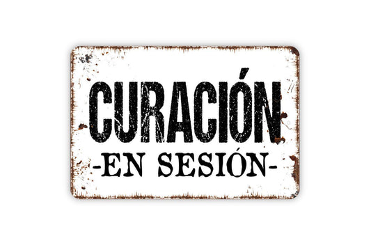 Curación En Sesión Sign Metal or Vinyl Sticker | Spanish Healing in Session Sign | Therapy Office Door Sign | Spa Meditation Decor